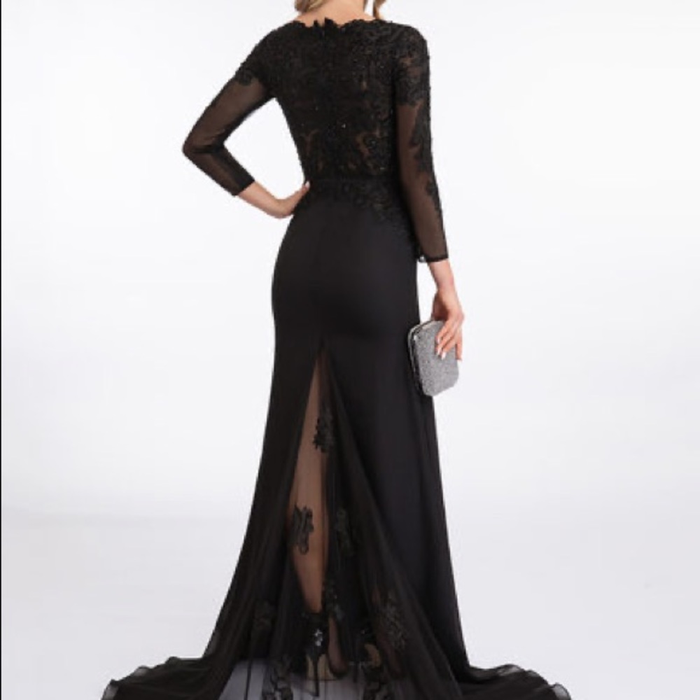 Long black prom dress.